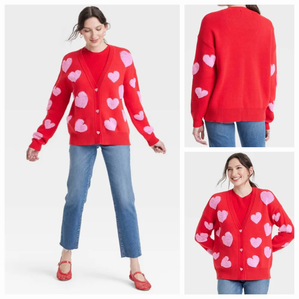 New Red And Pink V-Neck Embellished Cardigan With Heart Shape Buttons. XXS - Picture 15 of 17